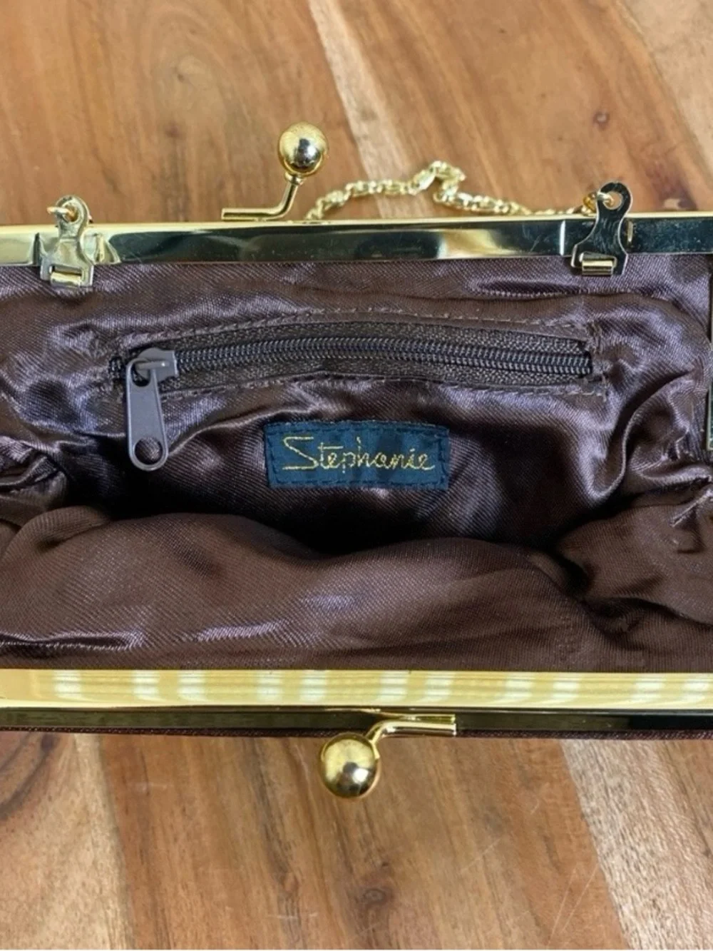 Brown Satin Clutch Brown With Gold Tone Chain Detachable Strap